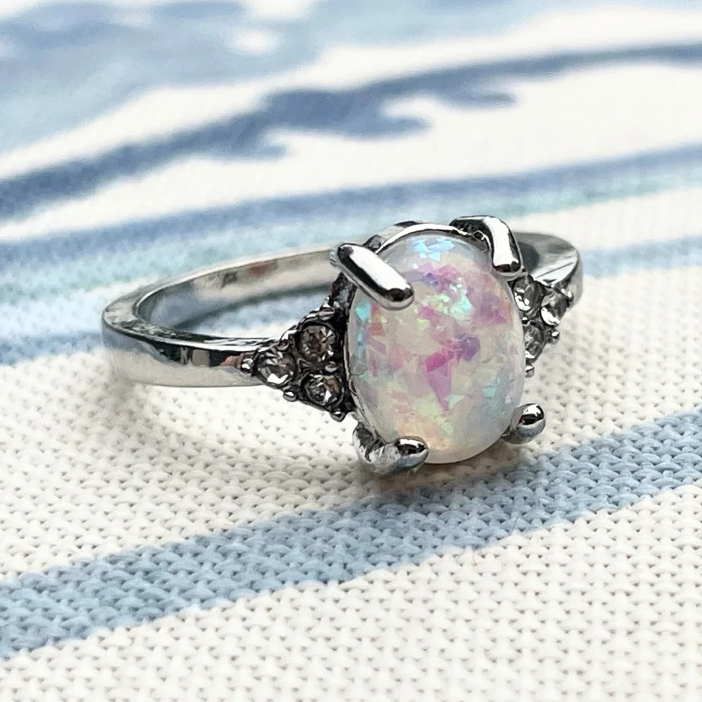 Opal your heart simulated silver tone ring size 5 6 8 9 gift new rhinestone